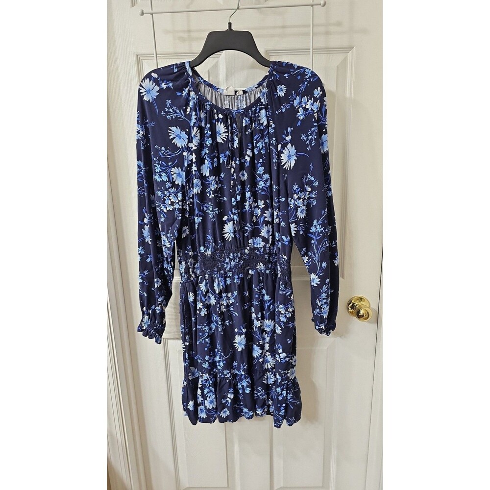 Gap Blue Floral Smocked Waist Splitneck Mini Dress Large